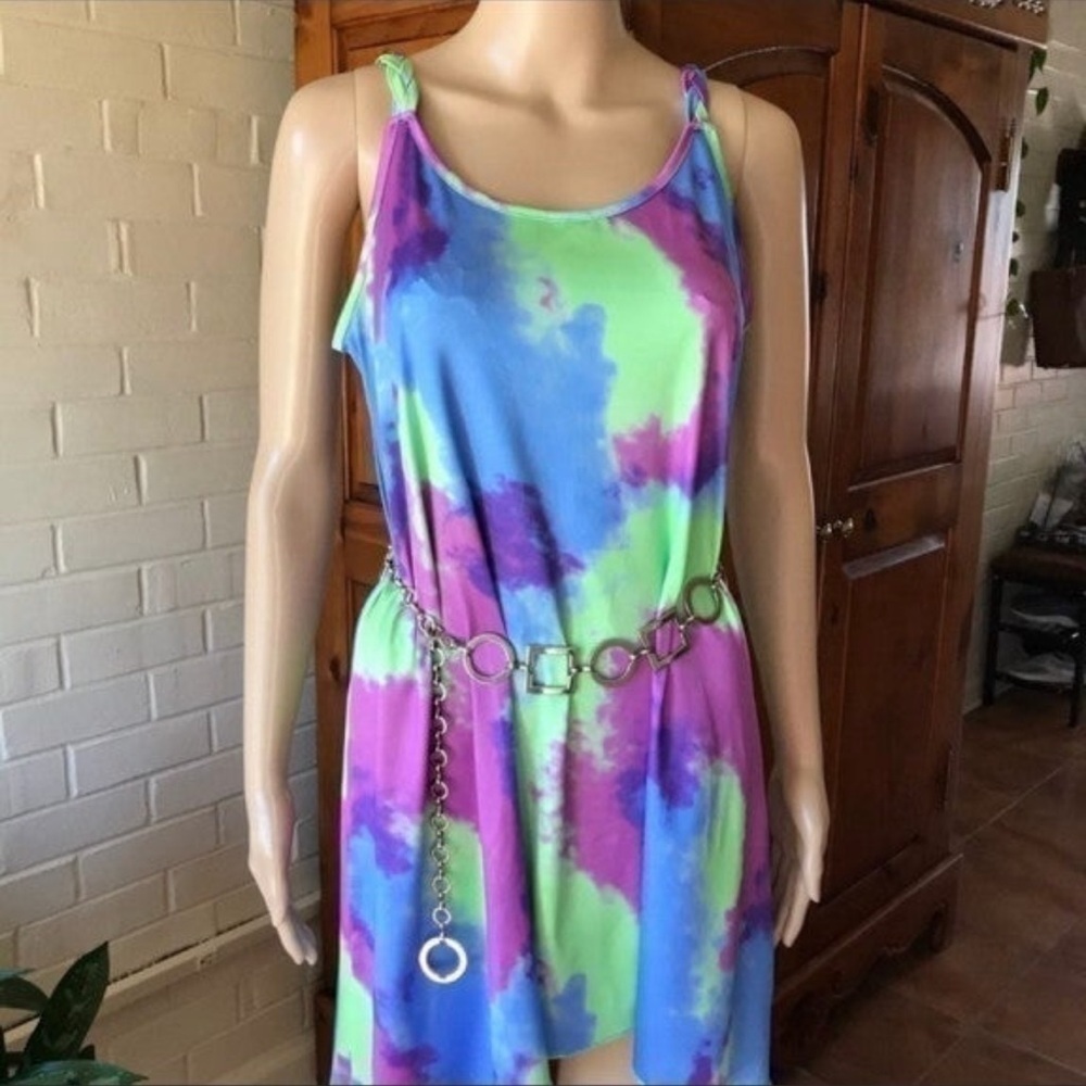 TIE dye mini sundress swim coverup high low NWOT summer beach party - Picture 8 of 10